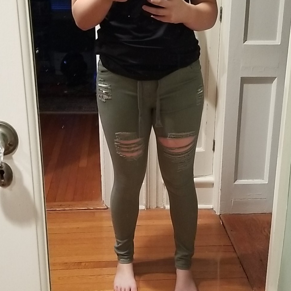 Army Green Distressed Ripped Jean Joggers